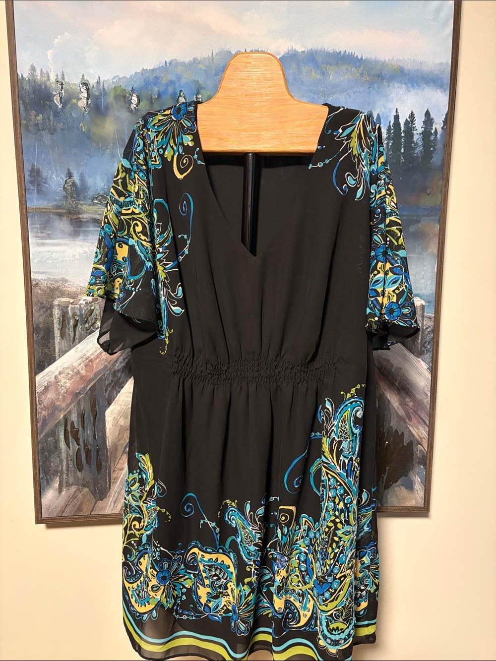 Lane Bryant Black V-Neck Tunic with Blue and Green Paisley